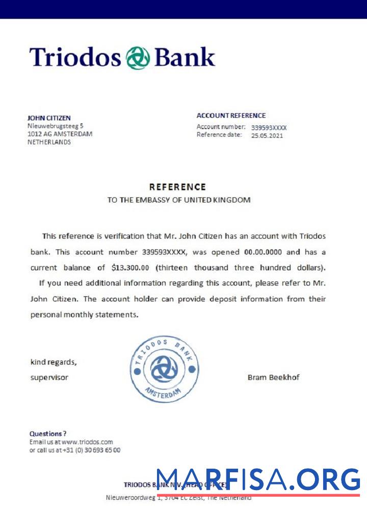 Printable Netherlands Triodos bank reference example